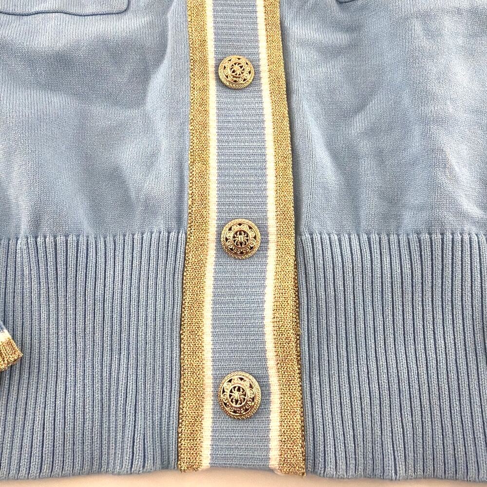 Elie Tahari Fountian Blue Gold Stripe The Kiva Shimmer-Trim Knit Cardigan Size S - Picture 5 of 11